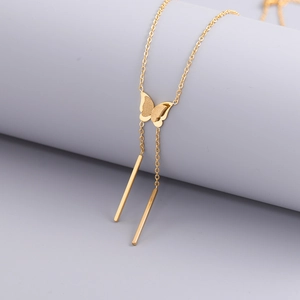 Elegant gold plated titanium steel necklace with butterfly pendant and long tassels