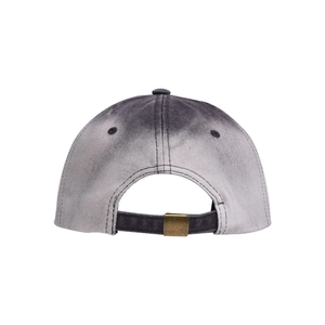 Close-up of vintage gradient denim baseball cap with adjustable antique bronze buckle