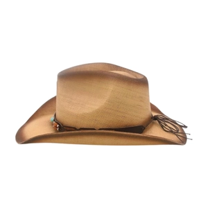 Detail of woven straw cowboy hat featuring a leather band with turquoise beads and tassels