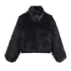 Veste En Fausse Fourrure Pour Femmes Col Montant Fermeture Éclair Manteau Court Manches Longues Noir Uni Mode Décontractée