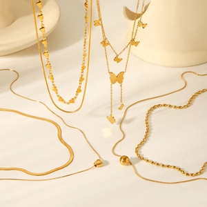 Double-layered gold stainless steel heart and butterfly pendant necklaces for women