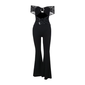 Sexy black lace off-shoulder jumpsuit with hollow out metal ring and stud waist