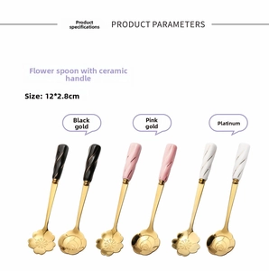 Detailed view of floral stainless steel dessert spoons with colorful ceramic handles