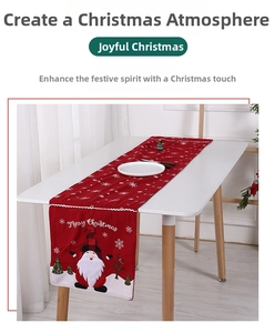 Detail of red Christmas table runner with gnomes, snowflakes, and Merry Christmas text
