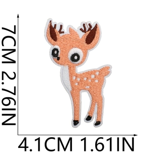 Detailed view of embroidered deer patch with dimensions 7cm by 4.1cm on white background