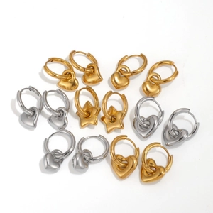 Set of gold and silver stainless steel hoop earrings with heart and star charms