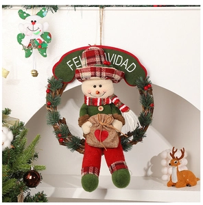 Close-up of Christmas wreath with snowman doll and Feliz Navidad holiday greeting