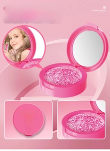 Detailed view of pink pretend play blush palette toy with mirror for little girls