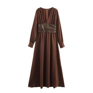 Elegant V Neck Long Sleeve Maxi Dress With High Waist Faux Leather Belt Solid Color Commuter Elegant Polyester For Women