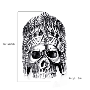 Vintage silver punk skull ring with Indian feather headdress in durable stainless steel