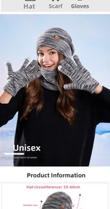 Detail of grey winter knit set showing 55-60cm cap circumference and warm fabric texture