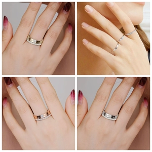 Detailed collage of luxury titanium steel rings with shiny cubic zirconia in gold and silver.