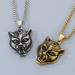 Gothic wolf head pendant necklace in gold and silver finish for men and women