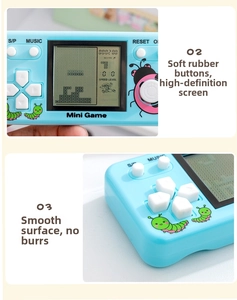 Close-up of handheld retro game console showing soft rubber buttons and ladybug patterns
