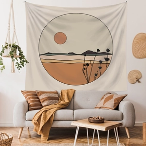 Minimalist Bohemian tapestry featuring abstract sunset mountain landscape in beige and earth tones