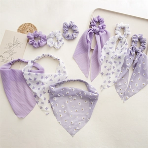 Purple Chiffon Hair Ties With Daisy Butterfly Print Streamer Scrunchies And Elastic Triangle Headband For Women Girls