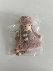 Pink angel Christmas ornament with knit hat, mesh dress and wooden bead in clear packaging