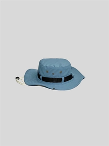 Close-up of blue outdoor sun hat with black band, air vents and adjustable wind rope