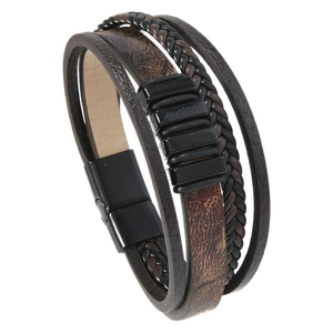 Multi-layer snake pattern leather bracelet with gradient brown tones and black alloy clasp