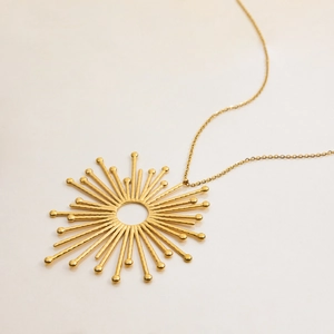 18K gold plated stainless steel sunburst hollow pendant necklace with delicate chain