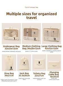 Detailed size guide for 7 travel storage bags including clothes, shoes and cable pouches