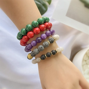 Beaded Bracelet Natural Stone Malachite Amethyst Lava Rock Handmade INS Style Elastic Jewelry For Men And Women