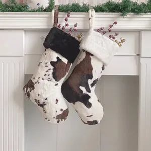 Christmas Stockings Faux Fur Cow Print Plush Large Holiday Gift Bags Fireplace Hanging Decoration Country Farmhouse