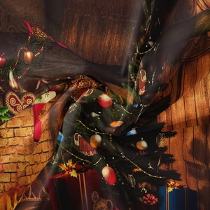 Close-up of soft Christmas tapestry fabric with digital print of festive tree and gifts