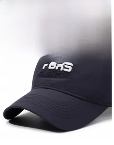 Detailed view of dark blue soft baseball cap with high-quality 3D logo embroidery
