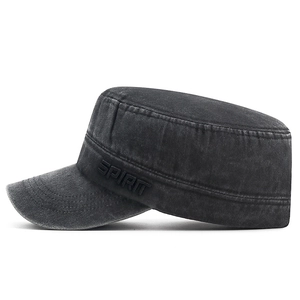 Vintage washed charcoal flat top cap with Spirit embroidery for men's outdoor casual wear