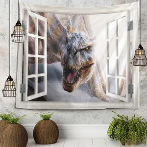 Detail of 3D window view wall tapestry featuring a realistic dragon on industrial grey wall