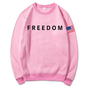Pink unisex hoodie with Freedom print and flag detail on sleeve, casual cotton sweatshirt