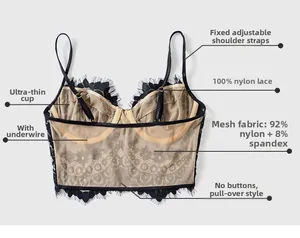 Detail of sheer black eyelash lace bra with underwire and skin-toned mesh lining