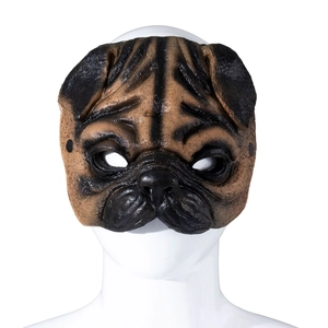 Close-up of realistic pug latex mask with detailed skin wrinkles for Halloween party
