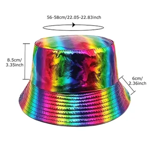 Rainbow laser bucket hat with sizing chart showing 56-58cm circumference and 8.5cm depth