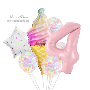 Detalle del set de globo de helado de 118cm y número 4 para decoración de cumpleaños