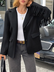 Elegant black long-sleeve blazer jacket featuring unique fringe details on the left sleeve