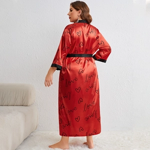 Plus size red satin robe set with love heart print and black waist tie for women
