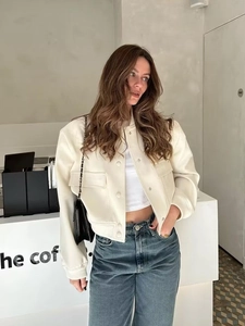 Women's cream white baseball jacket with stand collar and large pockets in streetwear style