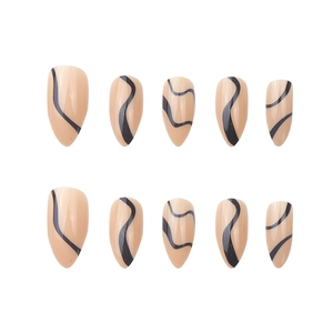 Minimalist almond press-on nails in nude pink with black wave lines, 10-piece set