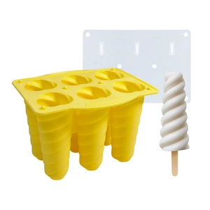 Moule à glace en silicone spirale jaune à 6 cavités avec couvercle et bâtonnet glacé