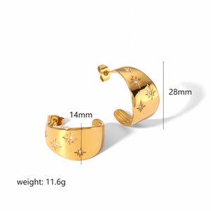 Golden C-shaped stainless steel earrings with embossed star pattern and rhinestones