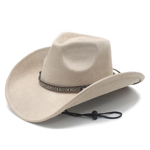 Classic beige western cowboy hat with ethnic patterned band and adjustable chin strap