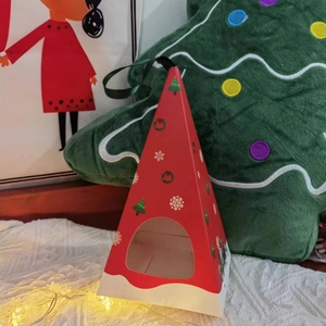 Pyramid-shaped red Christmas gift box with transparent window and black ribbon handle