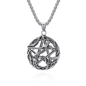 Vintage stainless steel necklace with snake wrapped around pentagram star pendant