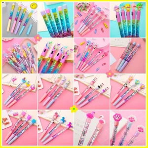 Cartoon liquid glitter pens with unicorn and flamingo toppers in various pastel colors