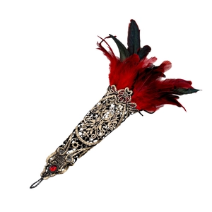 Gothic Halloween lace finger ring glove with red feathers and gold embroidery on white