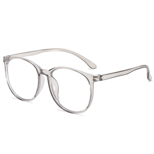 Minimalist transparent round frame eyeglasses with thin temples on white background