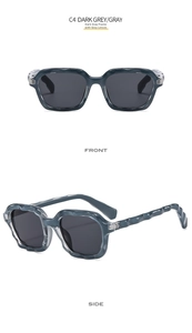 Detail view of dark gray wavy sunglasses frame and lenses from front and side angles