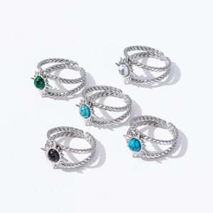 Set of 5 adjustable silver stainless steel rings with colorful starburst gemstones